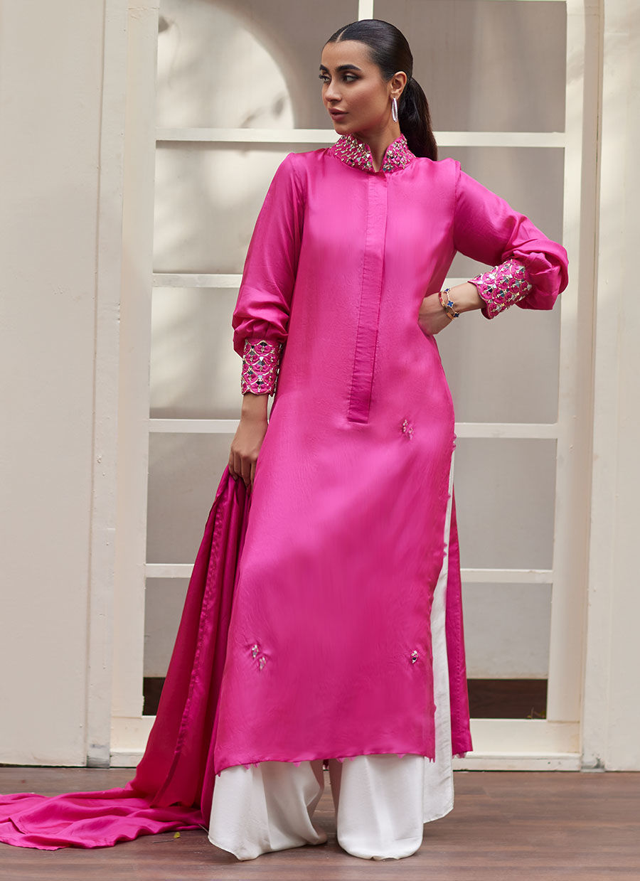 Thumbnail: Vanka Fuschia Raw Silk Shirt and Dupatta