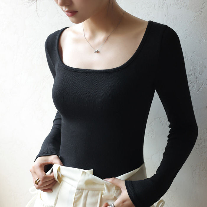 サムネイル： 選べる裏起毛あり/なし クールネック 春新作 オープンネック カットソー 裏起毛 微起毛 ロンT 白 レディース トップス 深あき 首広い 暖かい 防寒 開く