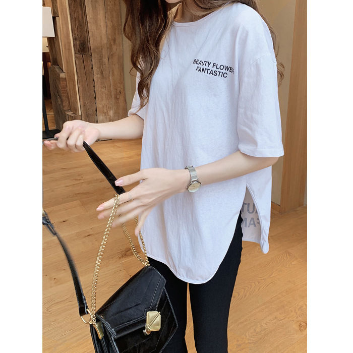 サムネイル： ドルマンロングT Tシャツ ロングT 3type＆6色 春新作 春新作 送料無料 ロングTシャツ ロゴ プリント レディース 半袖 ゆったり ドルマンスリーブ