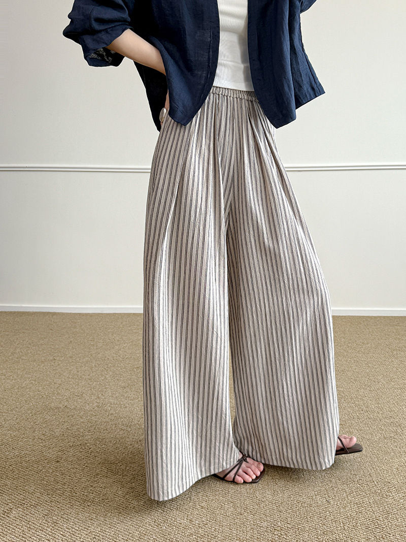 ワイドパンツ パンツ レディース 夏新作 ストライプパンツ パンツ 綿麻風パンツ ワイド 綿混 ロング丈 ストライプ柄 ズボン ワイドルーズ 大きいサイズ ゆっ