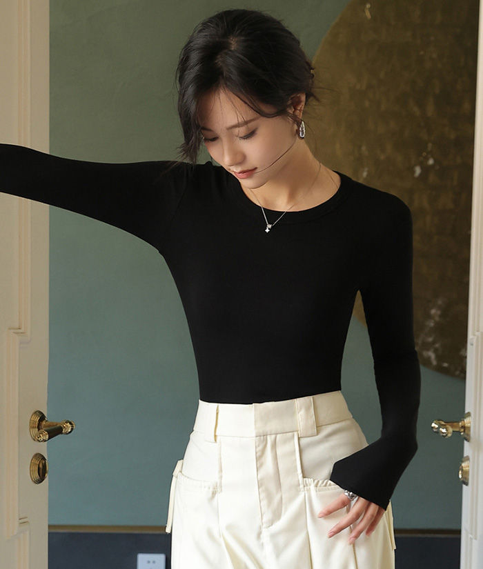 サムネイル： 選べる裏起毛あり/なし クールネック 春新作 オープンネック カットソー 裏起毛 微起毛 ロンT 白 レディース トップス 深あき 首広い 暖かい 防寒 開く