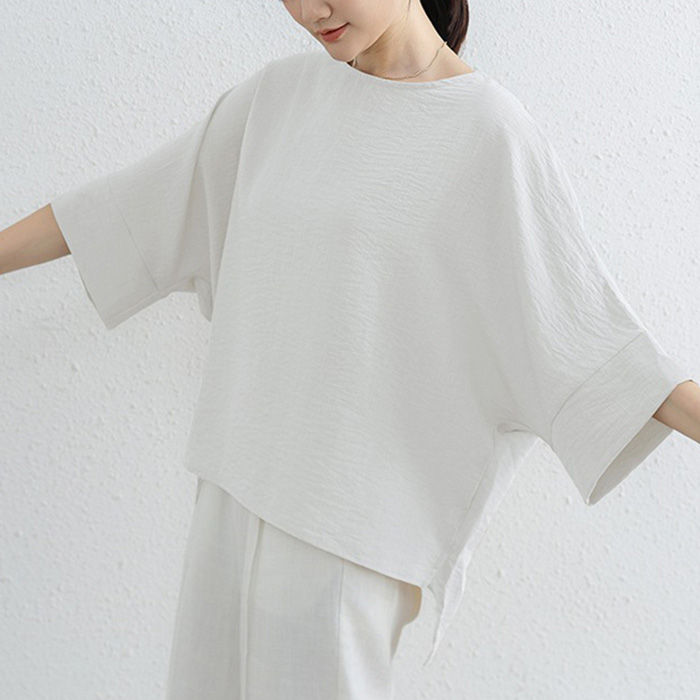 サムネイル： リネン タッチ ブラウス 2type 体型カバー マルチスリーブ フレアスリーブ 春新作 送料無料 レディース トップス 接触涼感 ひんやり ゆったり オーバー