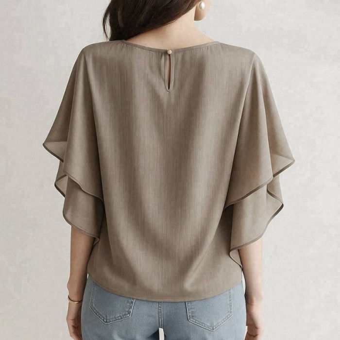 サムネイル： ブラウス レディース シフォン トップス フリル袖 体型カバー 半袖 ゆったり 涼しい 通気性 軽量 無地 上品 きれいめ カジュアル 着回し