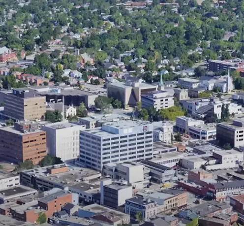Aerial view of St. Catharines, Ontario looking over the city centre, Welland Canal area, and surrounding residential neighbourhoods – Velora Water Systems service area for premium water filtration and softener systems