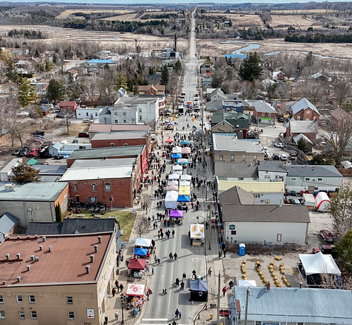 Aerial view of the Township of Brock, Ontario showing rural landscapes, small communities, and surrounding countryside near Lake Simcoe – Velora Water Systems service area for premium water filtration and softener systems