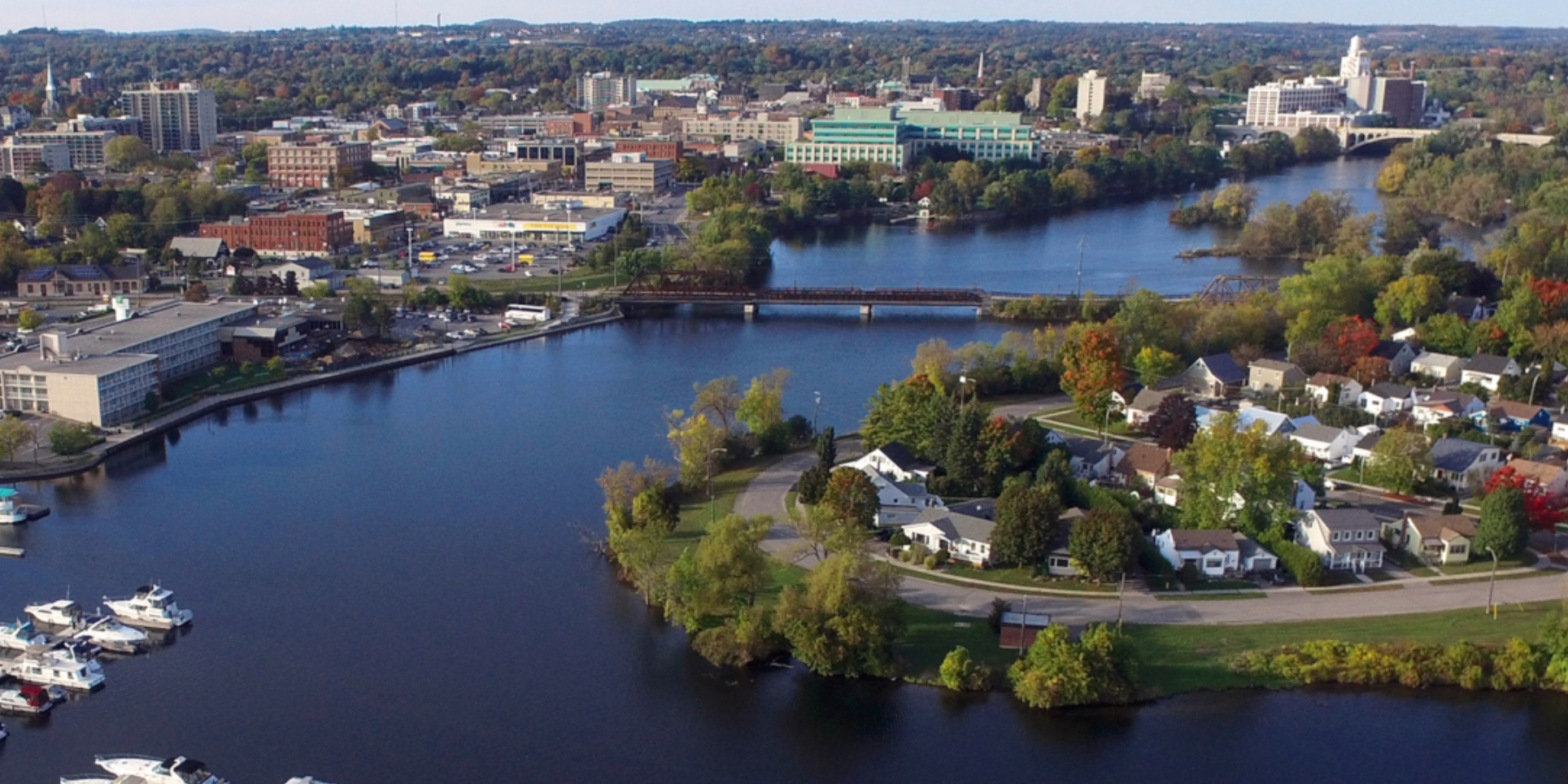 Aerial view of Belleville, Ontario looking over the Bay of Quinte, downtown, and surrounding neighbourhoods – Velora Water Systems service area for premium water filtration and softener systems