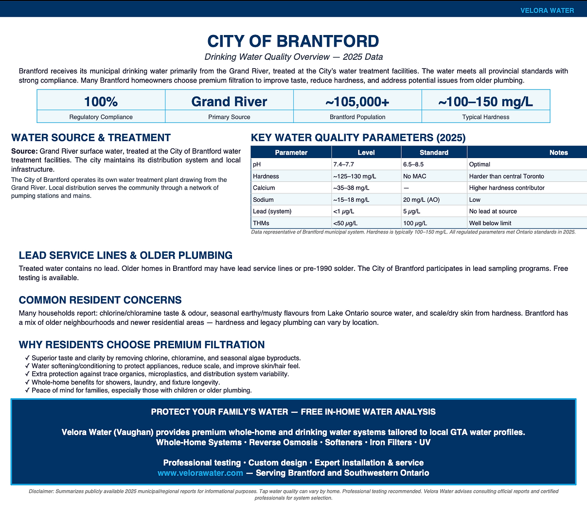 Velora Water Systems water quality summary and report for Brantford, Ontario – municipal water analysis with hardness, chlorine, and contaminant levels plus recommended filtration solutions