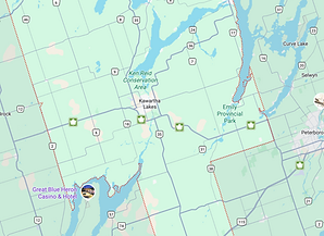 Google Maps view of the Kawartha Lakes, Ontario – service area for Velora Water Systems luxury residential and light commercial water filtration