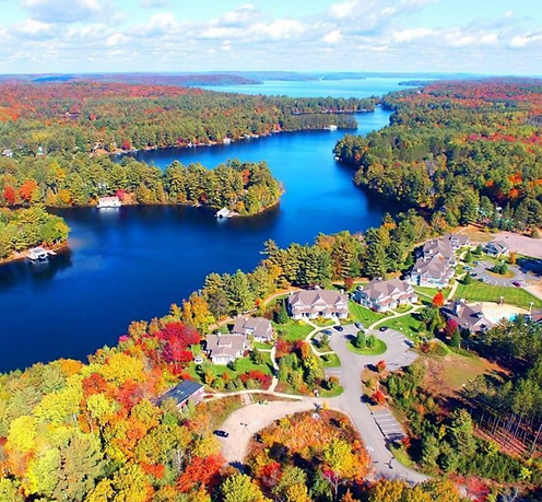 Aerial view of Muskoka, Ontario showing lakes, cottage country, and surrounding communities – Velora Water Systems service area for premium water filtration and softener systems
