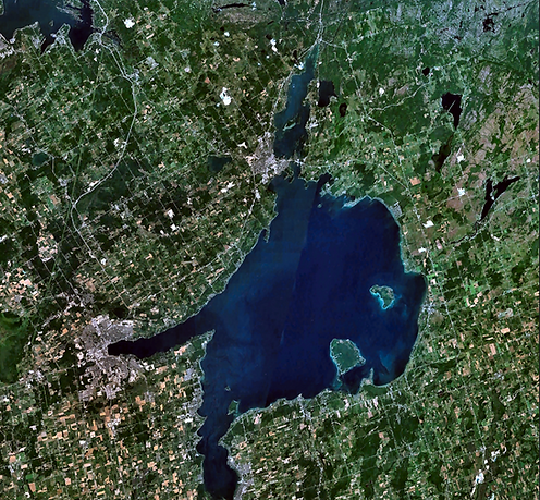 Aerial view of Simcoe County, Ontario showing lakes, towns, rural landscapes, and residential communities across the region – Velora Water Systems service area for premium water filtration and softener systems