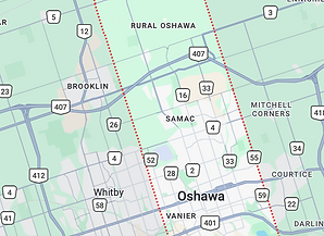 Google Maps view of Oshawa, Ontario highlighting residential neighbourhoods and proximity to Lake Ontario. Velora Water provides free in-home water testing and custom filtration systems for Oshawa and Durham Region homes.