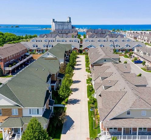Aerial view of Collingwood, Ontario looking over the Georgian Bay waterfront, downtown, and surrounding residential neighbourhoods – Velora Water Systems service area for premium water filtration and softener systems