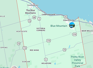 Google Maps view of The Blue Mountains, Ontario – service area for Velora Water Systems luxury residential and light commercial water filtration