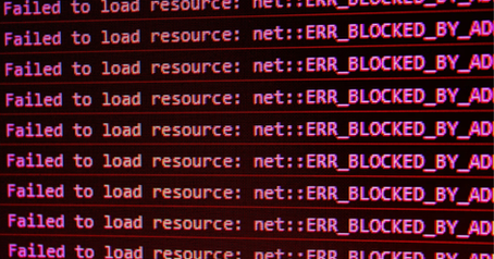 Red screen showing repeated error message "Failed to load resource: net::ERR_BLOCKED_BY_AD" in a digital, pixelated font.