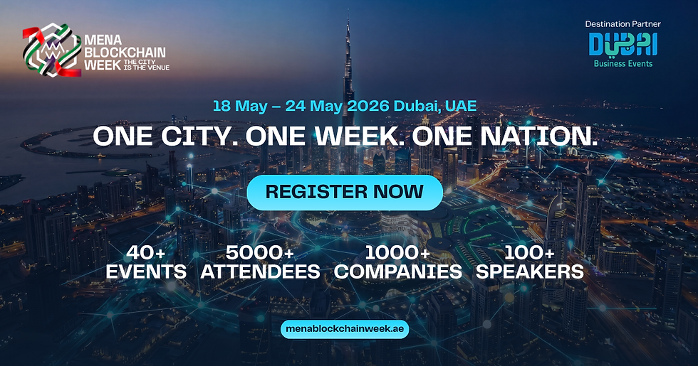 Skyline of Dubai at dusk promoting MENA Blockchain Week, May 18-24, 2026. Text highlights 40+ events, 5000+ attendees, "Register Now."