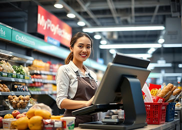 realistic female cashier happy to setup pos system with bright lighting at big supermart.j