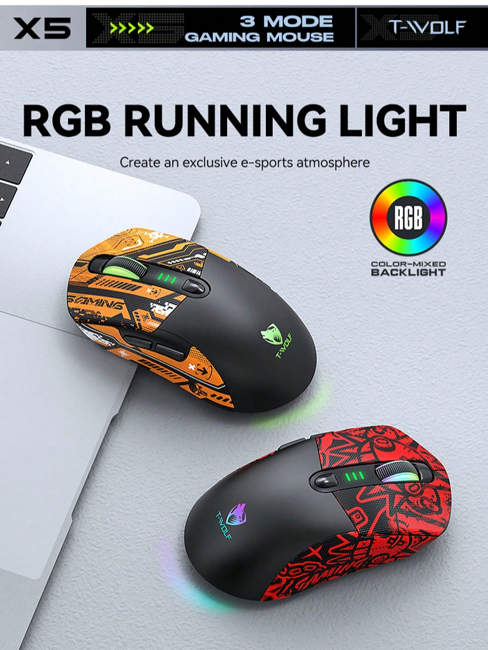 Thumbnail: X5 Gaming Mouse Three-Mode Charging Luminous RGB E-Sports Bluetooth with Anti-Sk