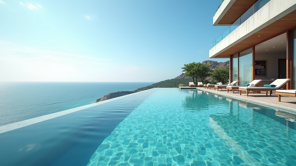 Wide angle view of a luxurious infinity pool overlooking the ocean