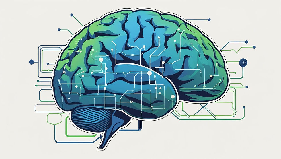 Illustration of a blue-green brain with circuit patterns on a white background, symbolizing technology and connectivity.