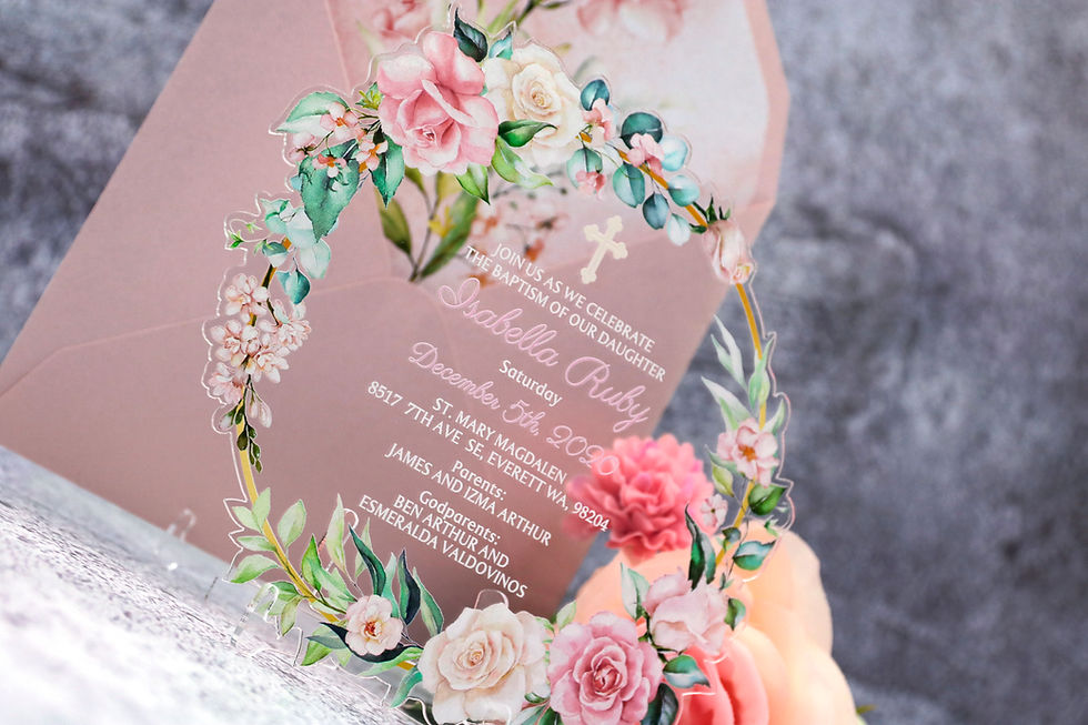 Miniaturbild: Acrylic invitation for baptism, christening or wedding, with pink and white rose