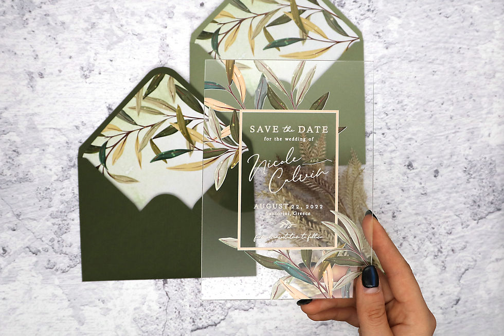 Miniaturbild: Acrylic wedding invitations with greenery, olive leaves. Green envelope