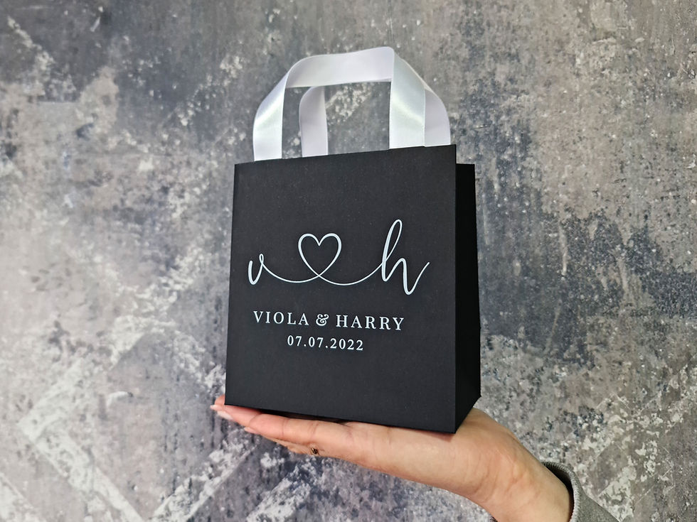 Miniatură: Wedding welcome bags on black paper. Personalized hotel guest bags
