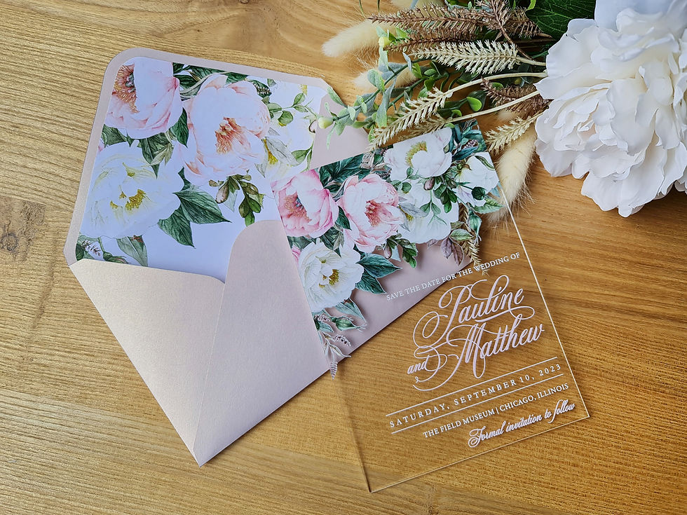 Thumbnail: Wedding acrylic invitation with purple and white peonies