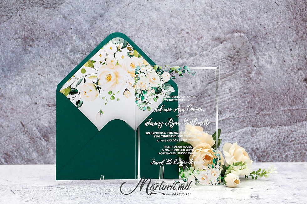 Miniatură: IS-032 Invitatie transparenta cu trandafiri albi in plic verde