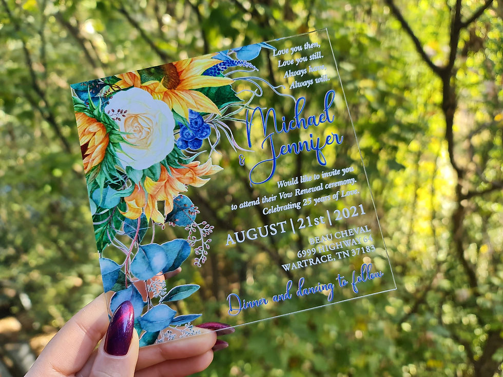 Miniaturbild: Acrylic wedding invitation with sunflowers, greenery and roses