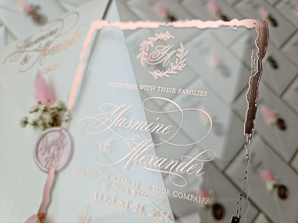 Miniature : Acrylic wedding invitations with Rose Gold foil print. Broken edge