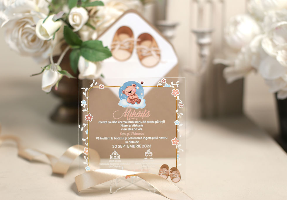 Miniatură: IC-028 Invitatii de botez, cumetrie, imprimate pe plexiglas, cu ursulet