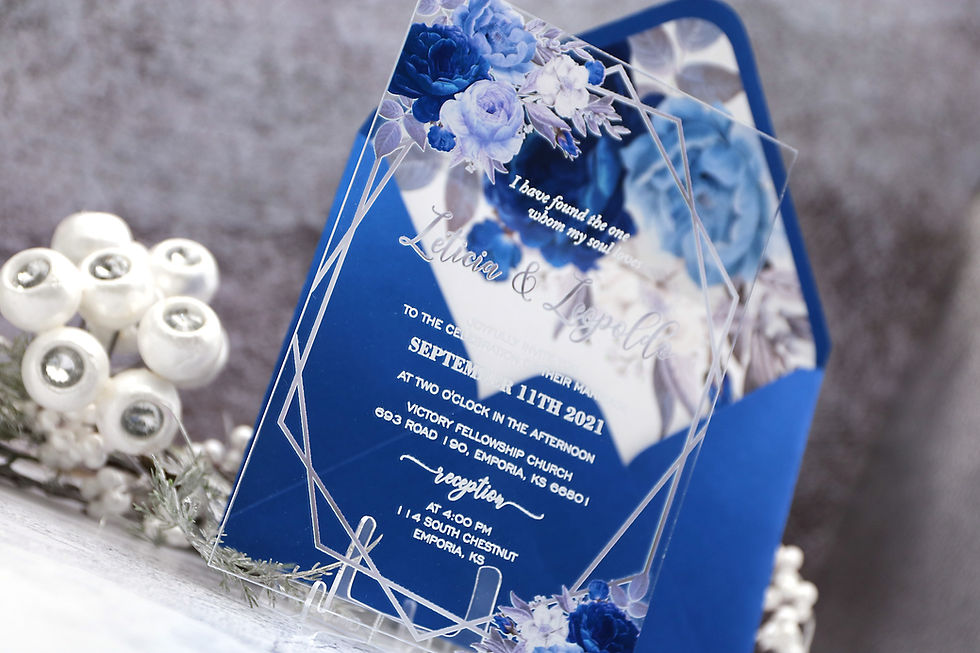 Thumbnail: Acrylic wedding invitations with royal blue flowers and matching envelope