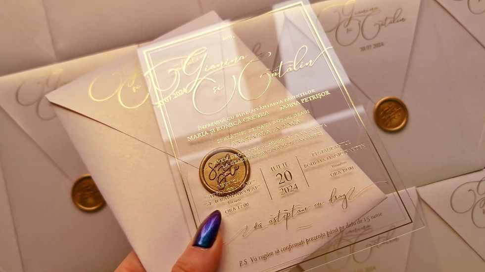 Miniatură: Acrylic wedding invitation in classic style with gold foil print