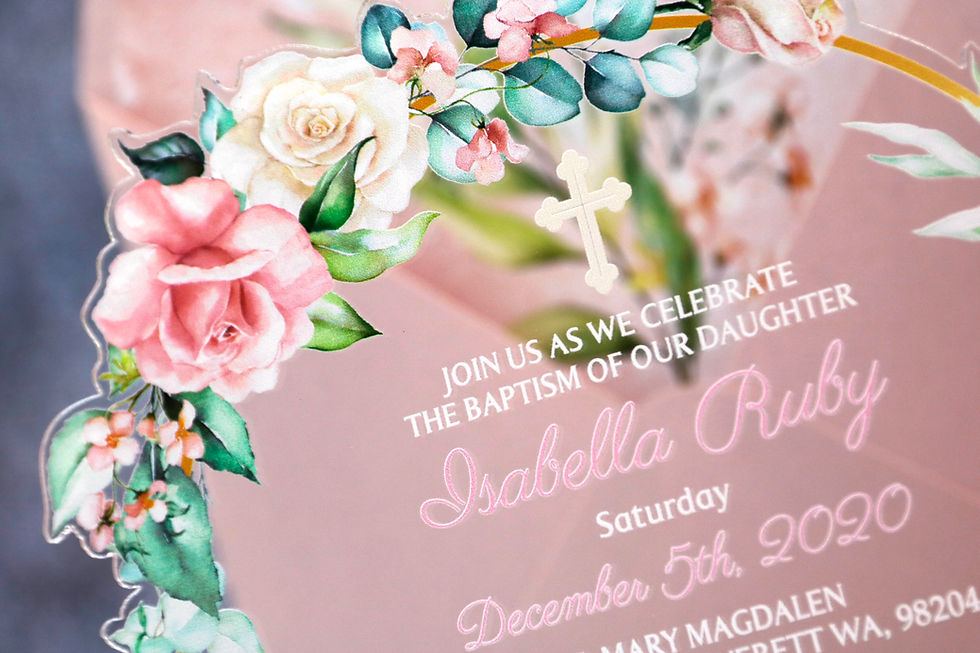 Miniaturbild: Acrylic invitation for baptism, christening or wedding, with pink and white rose