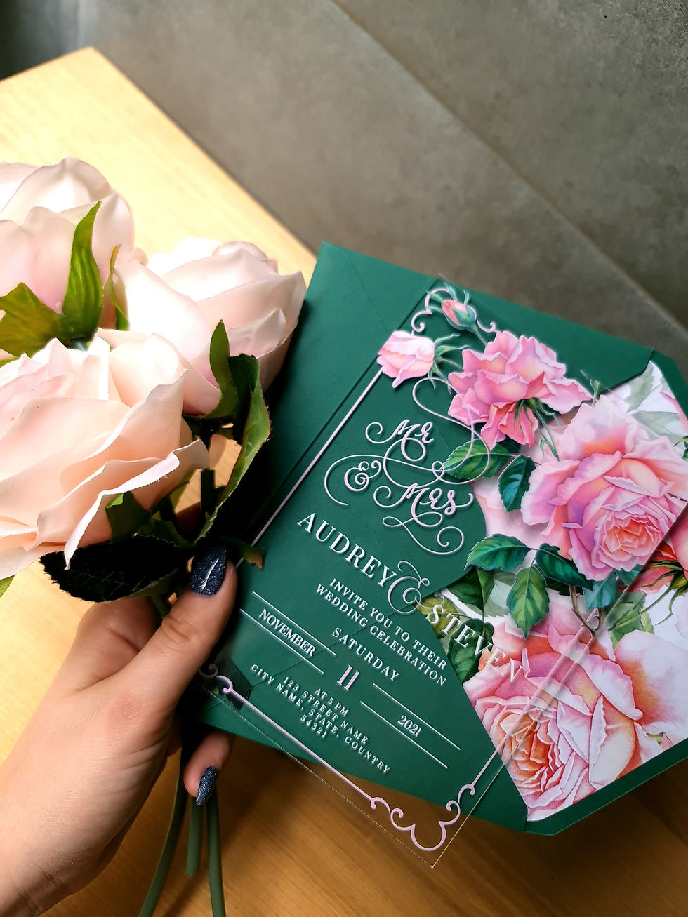 Thumbnail: Wedding acrylic invitation with pink roses