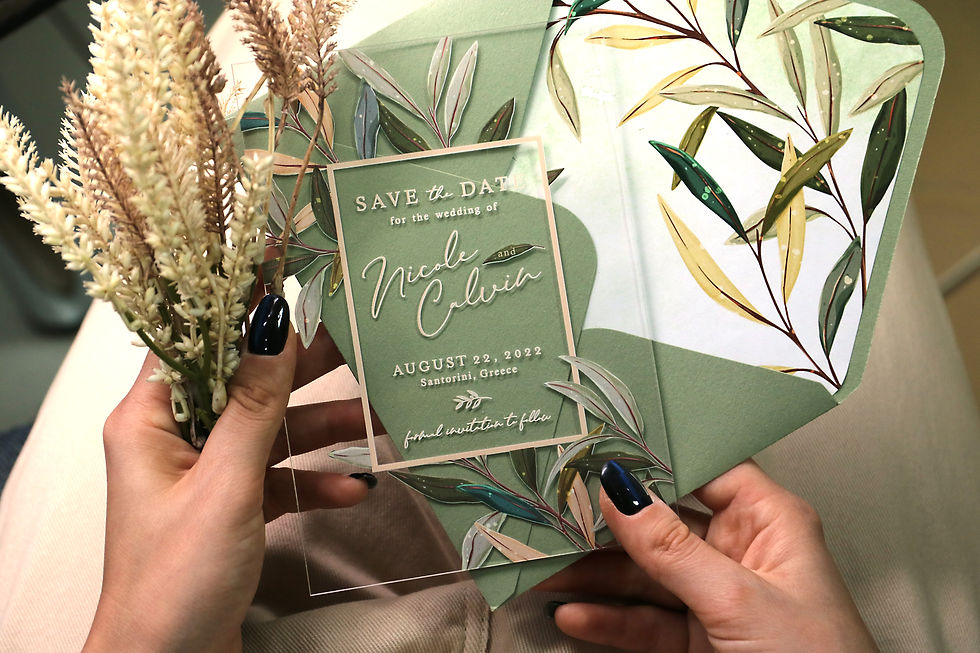 Thumbnail: Acrylic wedding invitations with greenery, olive leaves. Green envelope