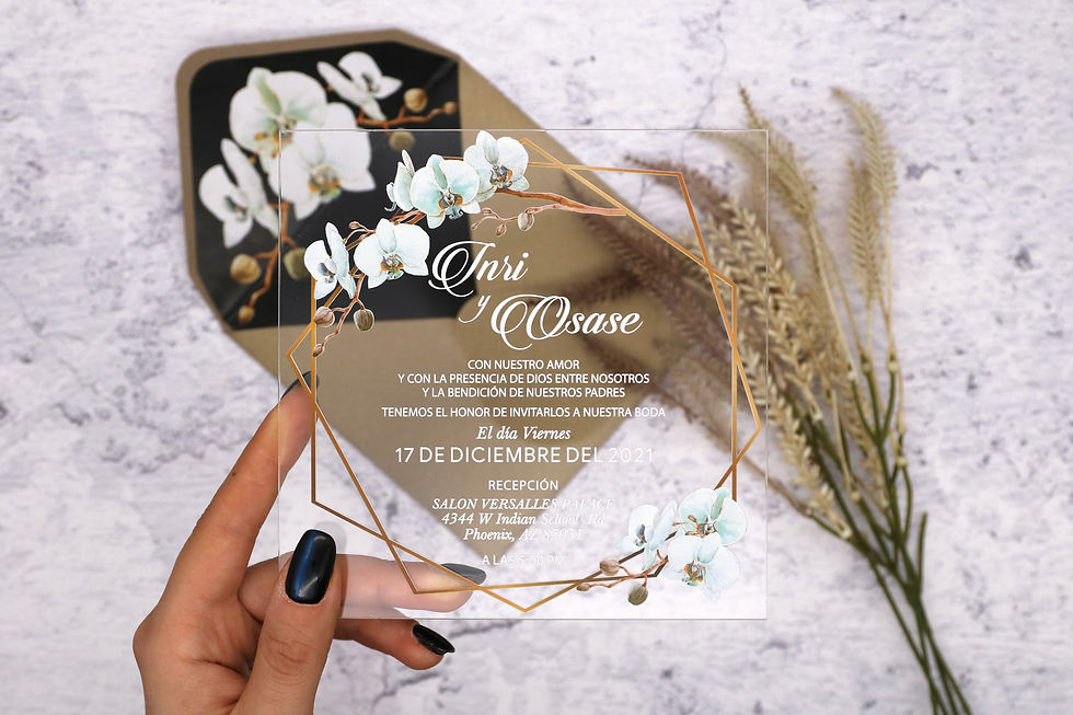 Miniatura: Acrylic wedding invitations with white orchids in liner envelope