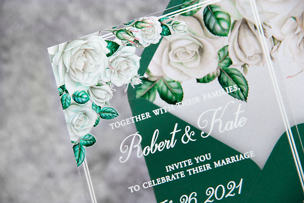 Thumbnail: Acrylic wedding invitations with White roses in green envelopes