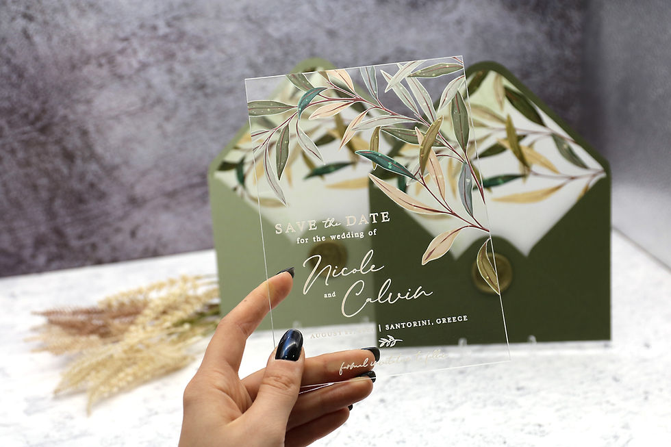 Miniaturbild: Acrylic wedding invitations with greenery, olive leaves. Green envelope