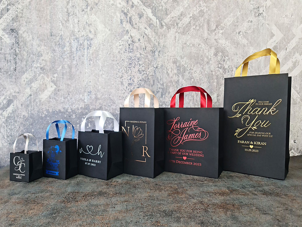 Thumbnail: Wedding welcome bags on black paper. Personalized hotel guest bags