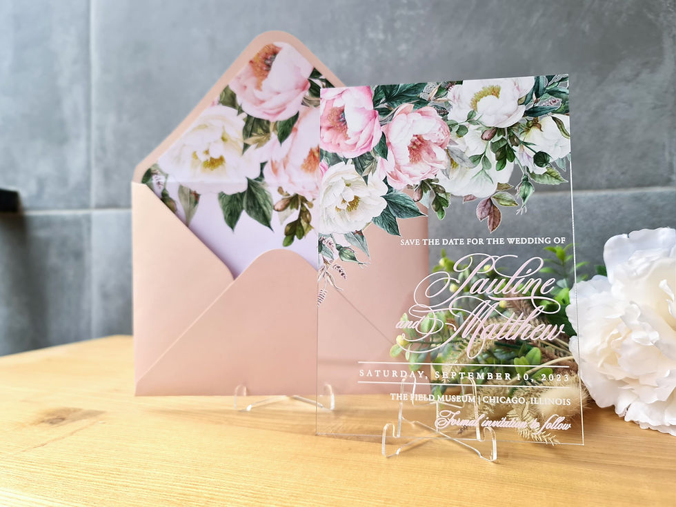 Thumbnail: Wedding acrylic invitation with purple and white peonies