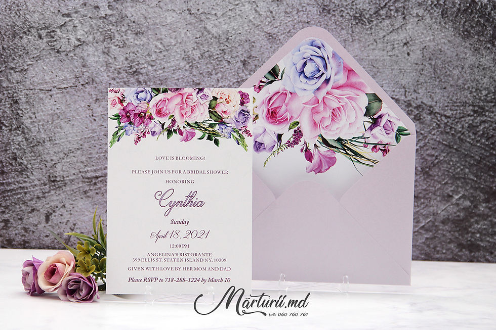 Miniatură: IN-073 Invitatie de nuntă, elegantă cu flori viu colorate în plic sidefat