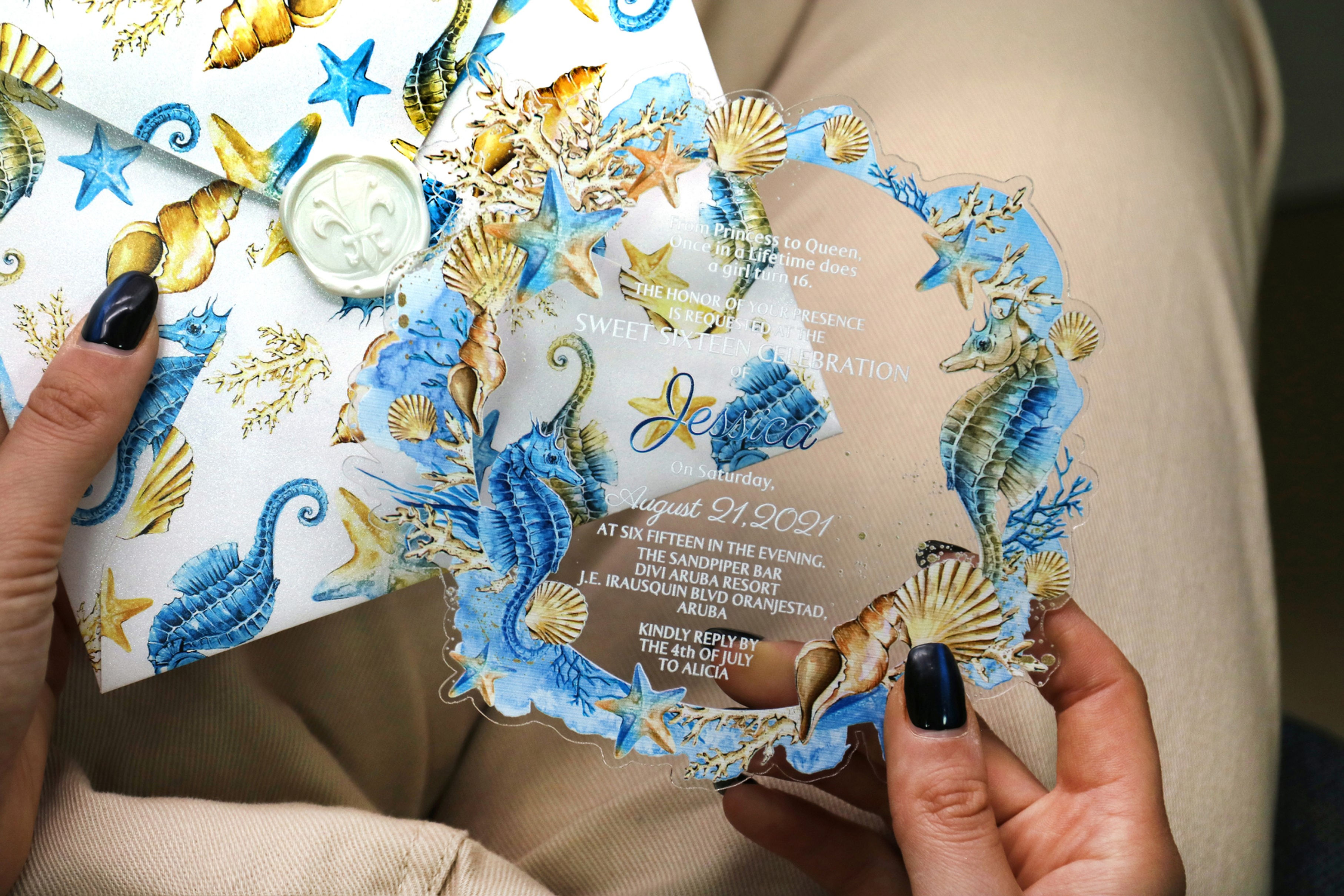 Wedding acrylic invitation in marine style with seahorses