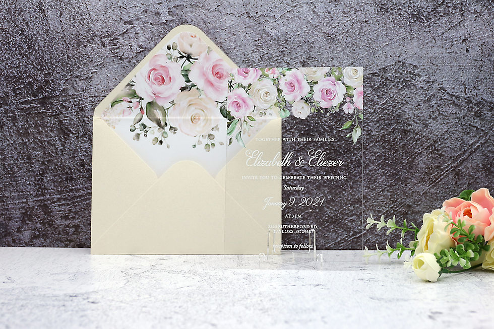 Miniatură: Acrylic invitations for wedding with ivory and pink roses