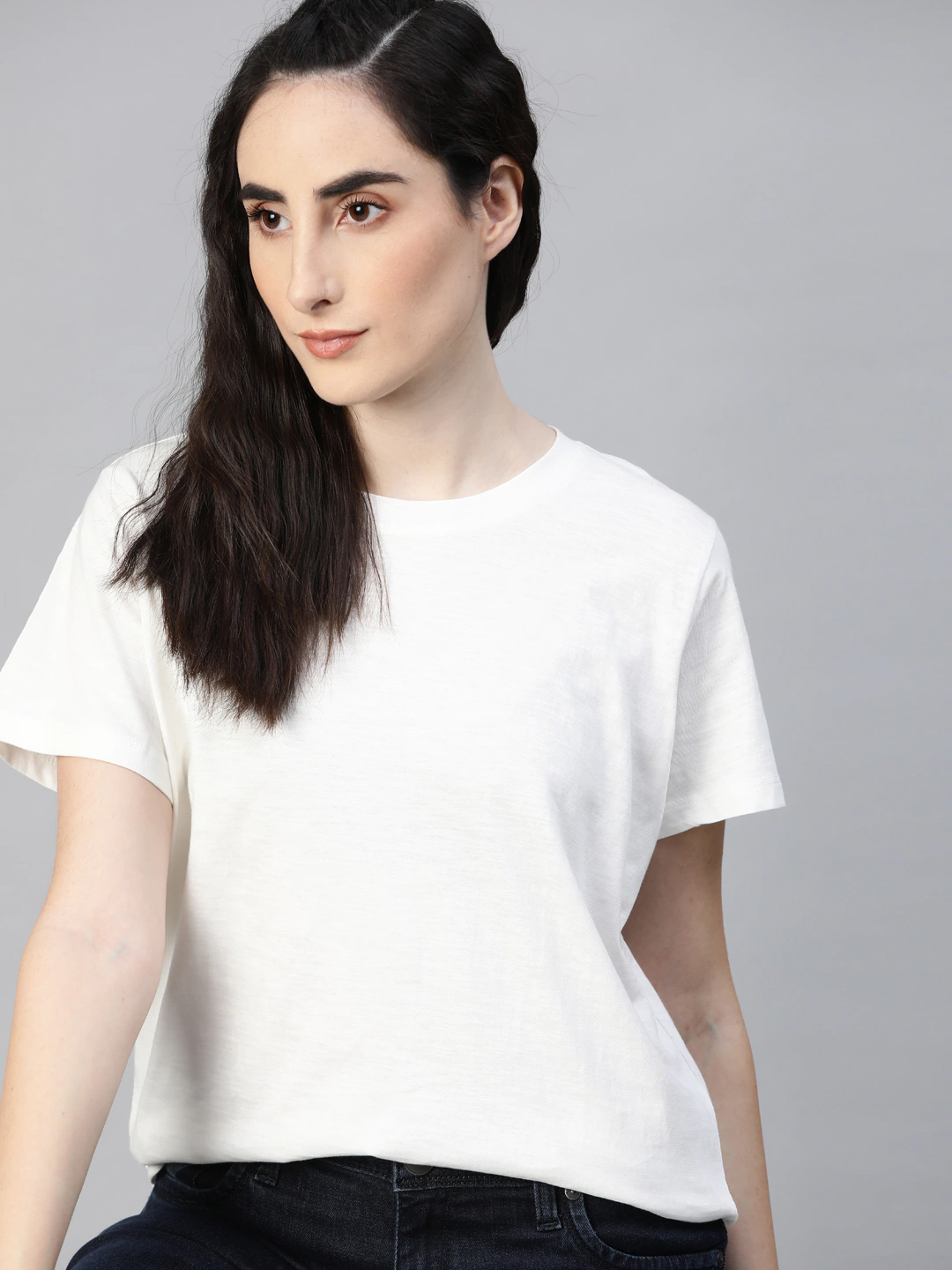 Roadster Women White Cotton Solid Round Neck T-shirt