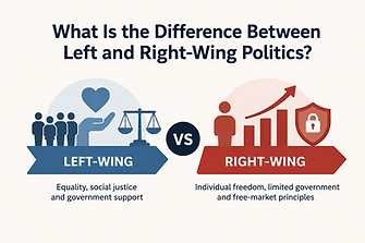 Infographic comparing left-wing and right-wing politics, highlighting equality, social justice, individual freedom and free-m