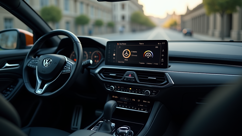Eye-level view of a car dashboard with infotainment system displaying wireless connection