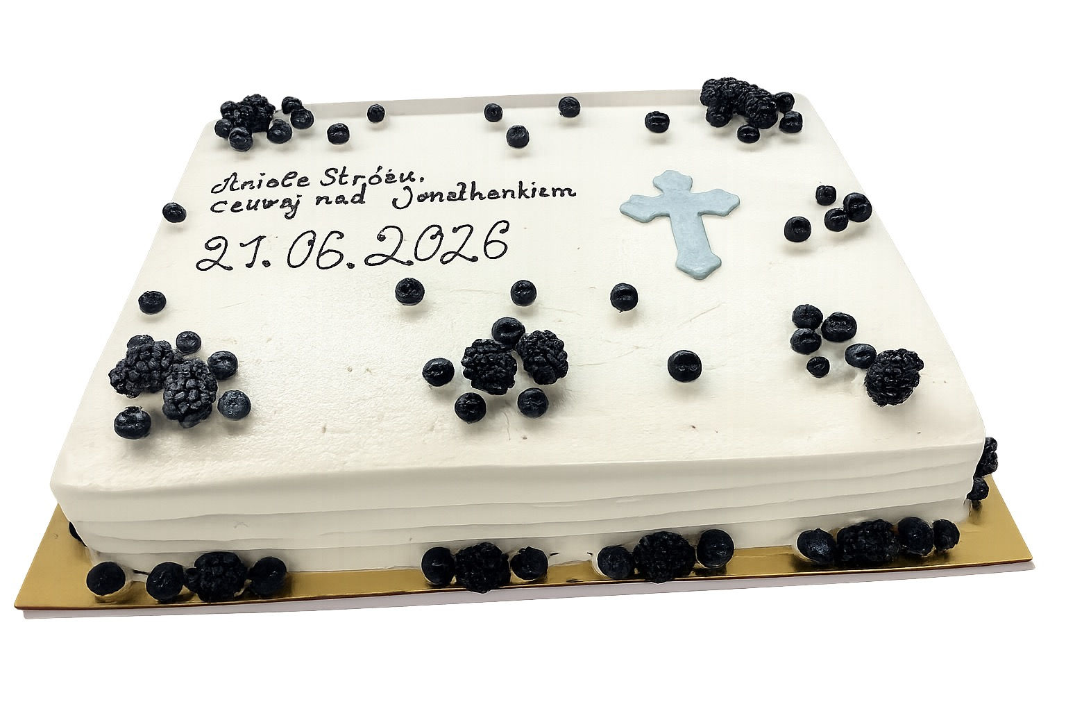 Elegante Tauftorte mit frischen Beeren und Kreuz ✝️🫐