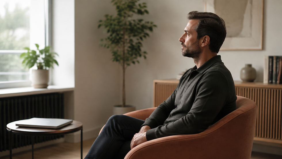 A man seated thoughtfully beside a closed laptop in a calm therapy room, representing reflection on problematic online sexual behaviour and seeking specialist help.