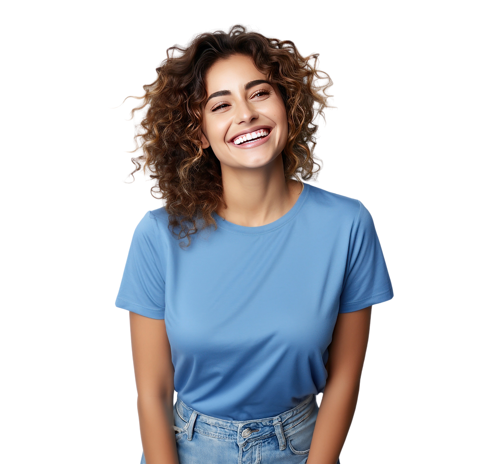 Mulher_de_Cabelo_Cacheado_e_Blusa_Azul_Sorrindo_Fundo_PNG_Transparente